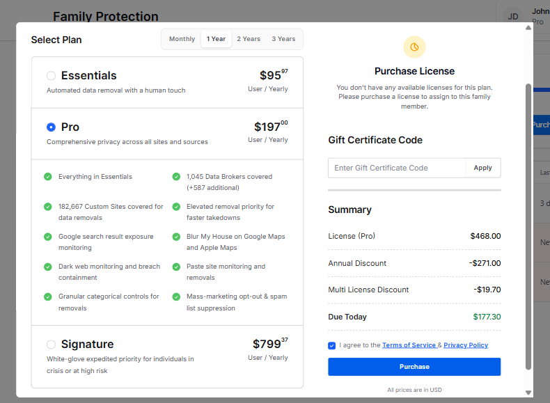 License Selection Page